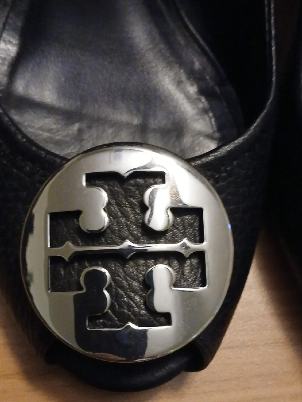 Tory Burch Black Pebble Leather Peep-Toe Wedges with Silver  Medallion Size 8M